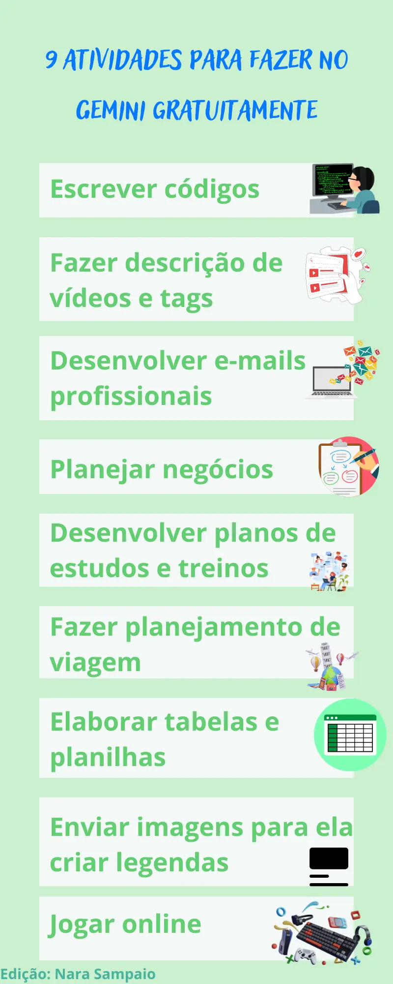 Infográfico com 6 atividades para fazer gratuitamente no Gemini 