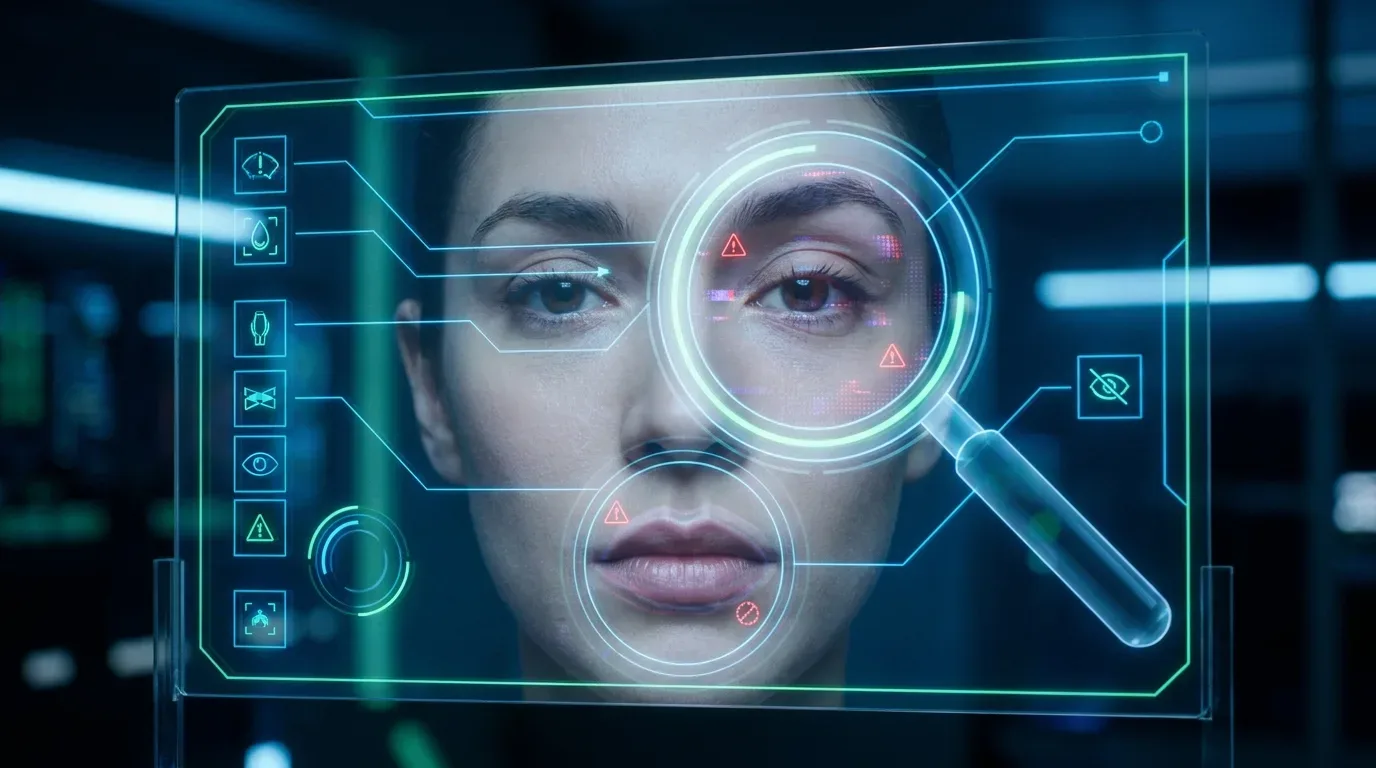 Análise de um rosto em vídeo, com destaque para detalhes como piscar de olhos estranho e contornos borrados que podem indicar um deepfake.
