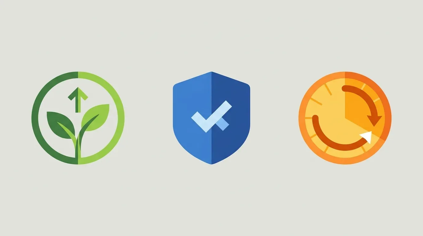 Ilustração com três ícones que simbolizam as funcionalidades dos aplicativos para foco: uma árvore para gamificação, um escudo para bloqueio e um relógio para gerenciamento de tempo.