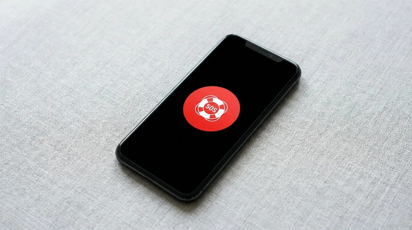 Celular deitado sobre uma mesa com um grande botão de pânico vermelho na tela, ilustrando uma das principais funcionalidades dos apps de segurança.