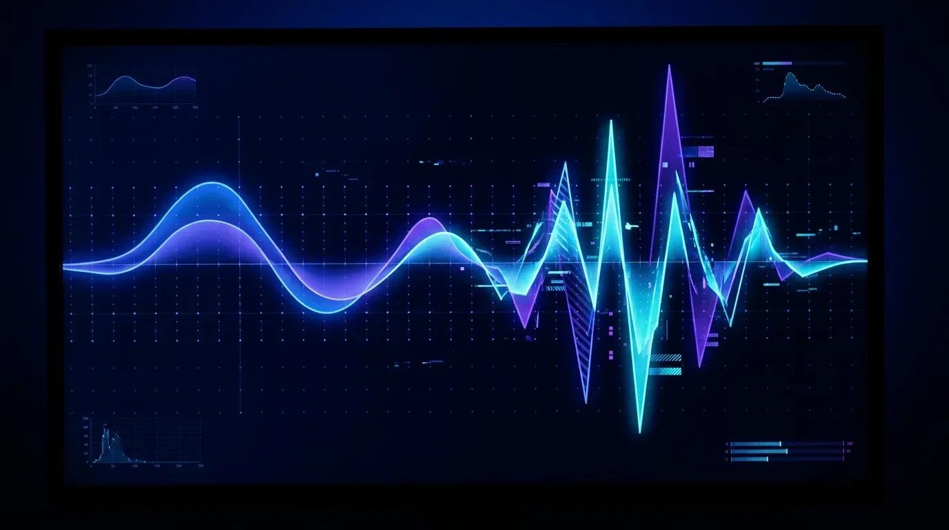 Representação de uma onda sonora sendo clonada, mostrando a diferença entre uma voz natural e um áudio de deepfake.