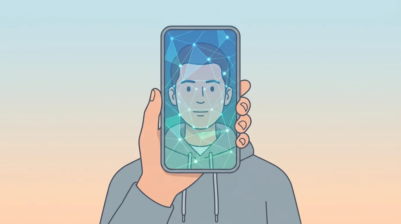 Ilustração do processo de verificação por selfie em vídeo, mostrando um rosto sendo escaneado para confirmar a identidade do usuário e recuperar a conta.