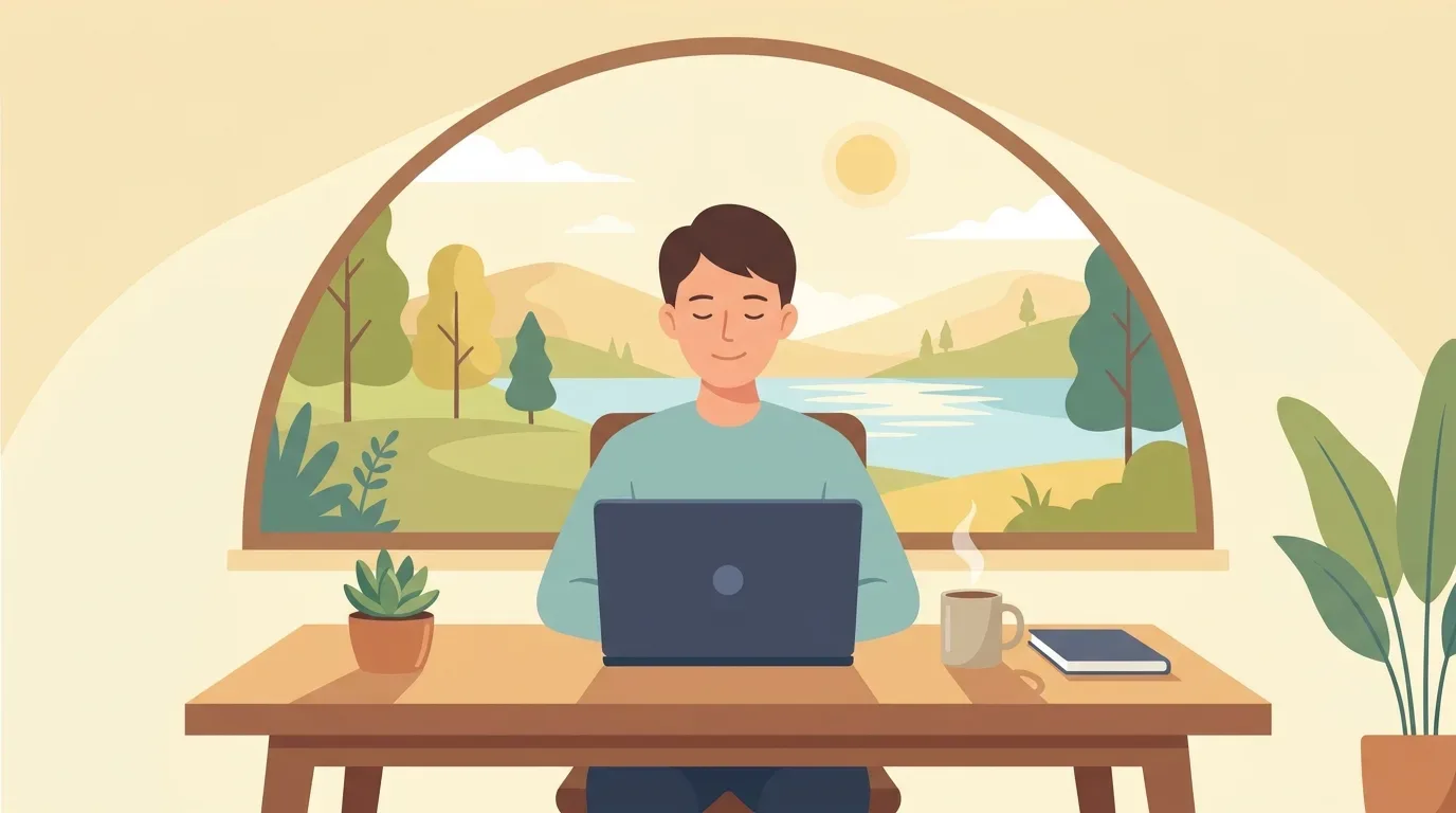 Pessoa trabalhando de forma produtiva em um ambiente tranquilo e organizado, simbolizando os benefícios de usar aplicativos para foco, como a redução do estresse e a melhor gestão do tempo.
