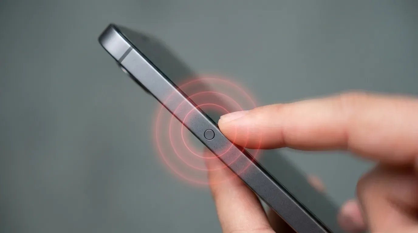 Close de um dedo pressionando o botão lateral de um smartphone repetidamente para ativar a função nativa de SOS de emergência.